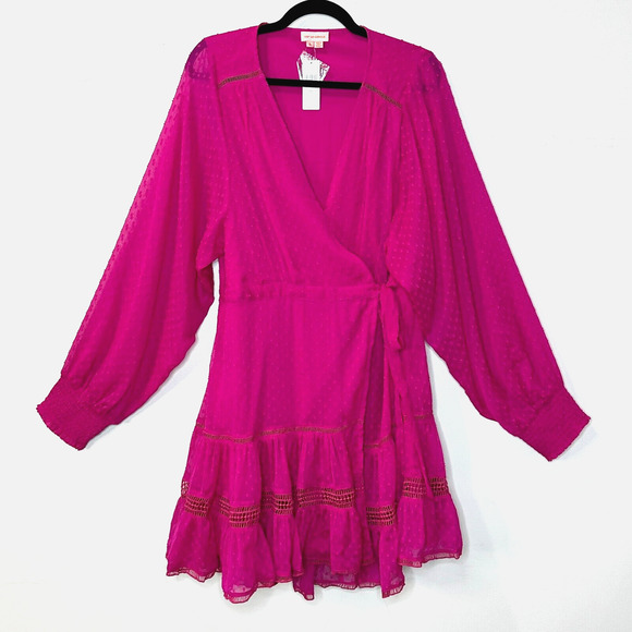 Not So Serious Anthro Swiss Dot Smocked Cuffs Wrap Mini Dress Pink Women XL NWT - Picture 4 of 12